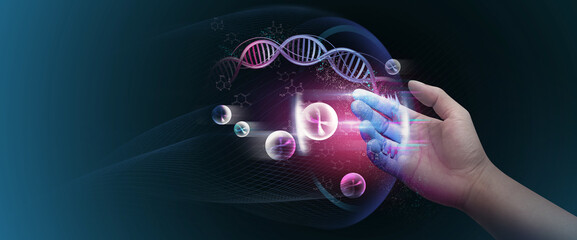 Wall Mural - DNA helix concept of new ideas with Digital Virtual analysis chromosome DNA test of human in situations disease COVID-19 virus on hands in 3D illustration. Of free space for texts and creativity.