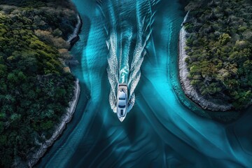 Wall Mural - Aerial view of a boat cruising through turquoise waters flanked by lush greenery, creating ripples in the serene environment.