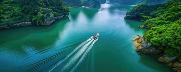 Canvas Print - Aerial view of a boat cruising through a serene lake surrounded by lush green mountains and clear blue water under a bright sky.