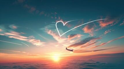 Wall Mural - Airplane leaving a heart shaped trail in a sunset sky, generative AI