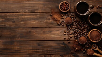 Aromatic morning coffee composition on wood background