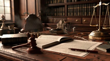 Ambitious Lawyer's Court: Serious desk with legal documents, a gavel, and a judge's robe.