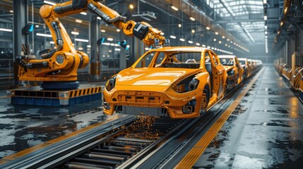 Wall Mural - A yellow car is being built in a factory