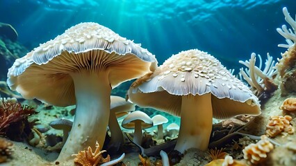 Two white mushrooms on the beautiful seabed