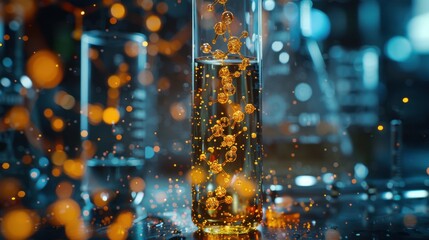 Wall Mural - A glass beaker filled with a yellow liquid is surrounded by a blurry background