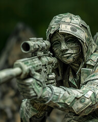 Close-up of a dollar bill soldier figurine with a sniper rifle, embodying themes of finance, conflict, and art.
