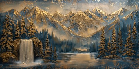 Wall Mural - golden mountain landscape with waterfall