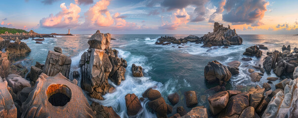 A panoramic view of the rocks and sea with waves crashing against them at sunset.