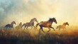 © Jiraphiphat - Wild horses running across a meadow at dawn, impressionist style painting, freedom and nature