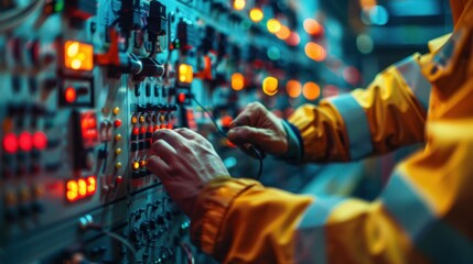 Wall Mural - A man in a yellow jacket is working on a control panel with many buttons