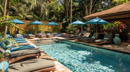 Poster - Aqua Blue Spa Retreat: Outdoor pool with lounge chairs, umbrellas, and a bamboo fence surrounding a private cabana