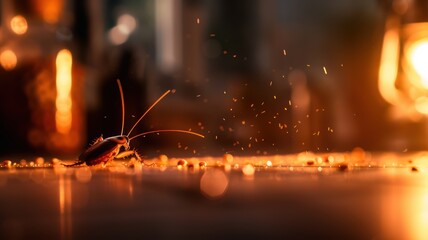 Wall Mural - Cockroach in a kitchen, crawling on a counter near crumbs, dramatic lighting
