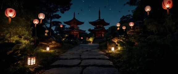 Under the moonlight a Japanese garden comes alive