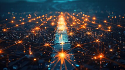 A cityscape with a glowing line of lights that is connected to a city street