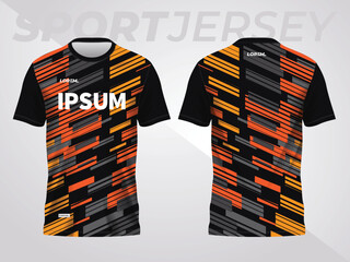 Wall Mural - orange on dark background for sports jersey pattern. abstract color texture shirt front and back view mockup.