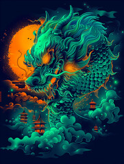 Wall Mural - A green dragon with orange eyes and a long tail