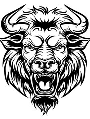 Wall Mural - A black and white drawing of a bull with its mouth open and horns raised. The bull has a fierce and angry expression on its face