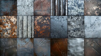 Wall Mural - Row of metal surfaces with brown, black, and various textures. Abstract metallic background concept.