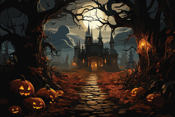 halloween background with haunted house, castle, cemetery, graveyard, scary, spooky, horror scene vector and illustration 