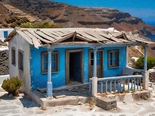 Wall Mural - blue house with white roof and a blue sky on the background of the mountains