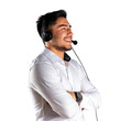 © Sim - happy call center executive looking away while standing on transparency background PNG