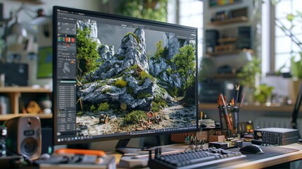 Immerse yourself in the world of digital design with a cutting-edge 3D modeling software, showcasing intricate details in a sleek setting. Created with Generative AI.