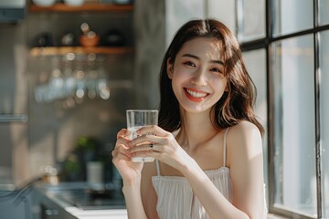 Young Asian woman holding a glass of water with a smiling face