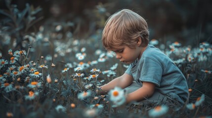 Wall Mural - A young boy is sitting in a field of flowers. He is looking at the flowers and seems to be enjoying the moment