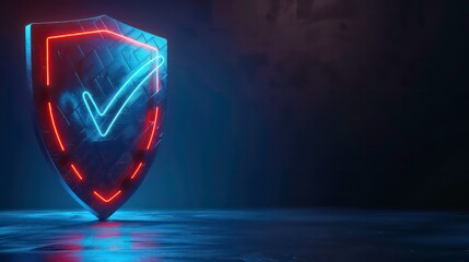 Poster - 3D rendering blue and red glowing shield with check marks on futuristic blue background. Generative AI