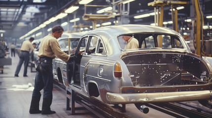 Wall Mural - A worker checks the assembly of vintage car body panels on a factory production line