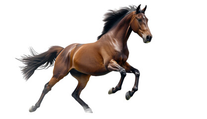 A brown horse is running on a white background