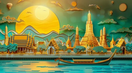 3D art paper wallpaper Bangkok, Grand Palace, Wat Arun, Thailand landmark, beautiful colors