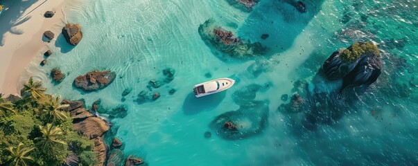 Wall Mural - Aerial view of a boat in crystal-clear turquoise waters surrounded by rocks and a tropical beach. Perfect for travel and vacation themes.