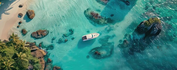 Canvas Print - Aerial view of a boat in crystal-clear turquoise waters surrounded by rocks and a tropical beach. Perfect for travel and vacation themes.