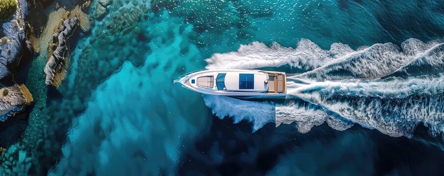 Aerial view of a luxury boat navigating through clear blue waters along a rocky coastline on a sunny day.