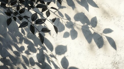 Wall Mural - leaves cast shadow on white concrete with tree branch silhouette