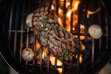 Grilled steak cooking on a barbecue with flames in the background, flavored with herbs and served with roasted onions.