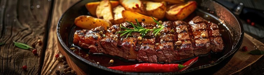 Wall Mural - Delicious grilled steak with crispy potatoes and garnish, served in a black pan on a rustic wooden table, perfect for a savory meal.