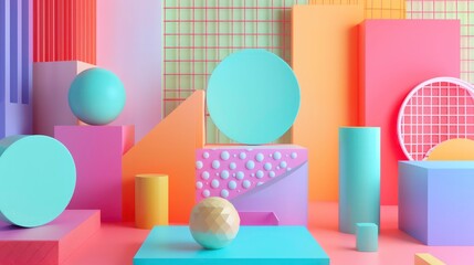 Wall Mural - 3D rendering of geometric shapes in bright pastel colors. The image has a Memphis-Milano style and is reminiscent of the 1980s. Generative AI