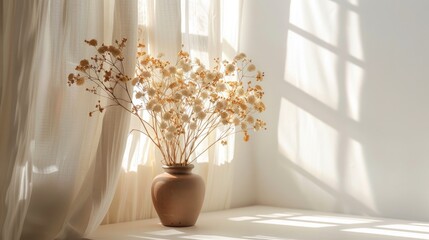 Wall Mural - White desk with brown vase of dried autumn flowers sunlit curtains space for text
