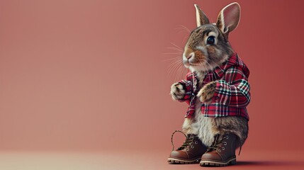 Wall Mural - surreal of a rabbit wearing plaid flannel shirt and hiking boots on plain colored background
