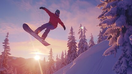 Eyecatching Snowboarder making high big air jump with grab in clear blue sunny sky during sunset