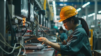 Poster - photo of asian workers working at technology production factory with industrial machines and cables 
