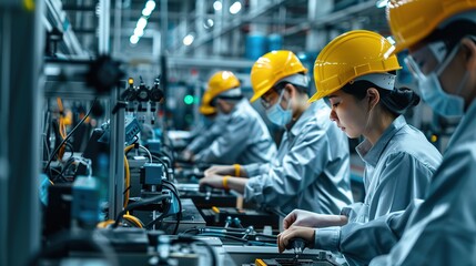 Poster - photo of asian workers working at technology production factory with industrial machines and cables 