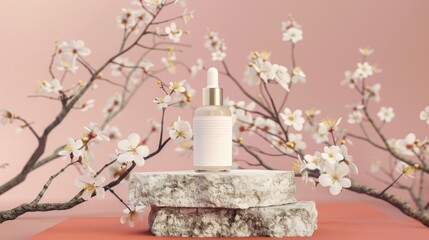 Wall Mural - Stone podium holding serum bottle with plum blossom branches pink backdrop