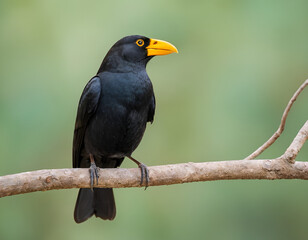 A black bird with a yellow beak is perched on a branch and facing to the right - Blurred Background. - yellow billed hornbill, red billed hornbill, yellow billed toucan