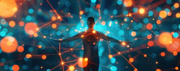 Abstract human silhouette amidst a vibrant network of glowing dots and lines, representing connectivity and digital communication.