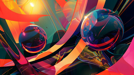 Vibrant scene with two floating orbs surrounded by dynamic shapes and lines