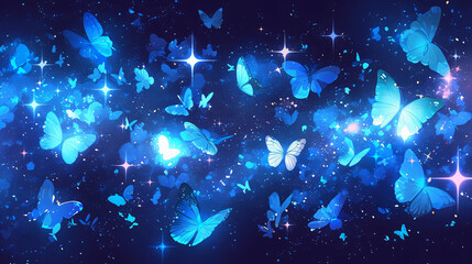 Poster - Blue butterflies flying in a starry sky. Perfect for dreams, magic, and fantasy themes