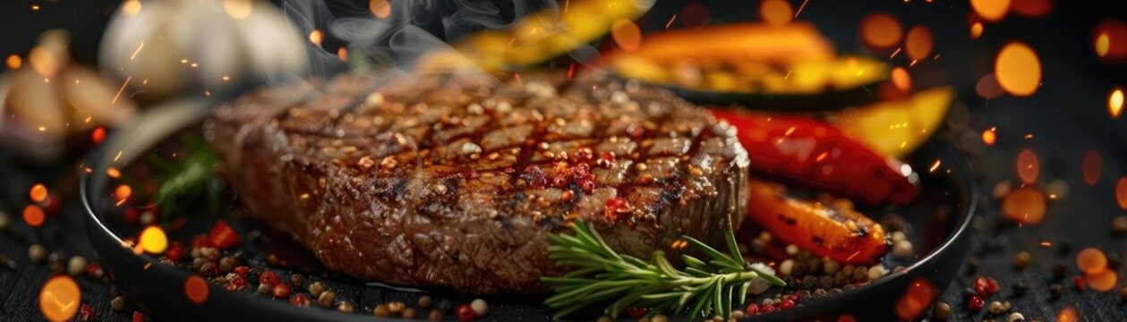 Close-up of a juicy grilled steak on a plate with garnish and smoke, surrounded by fresh vegetables and herbs on a dark background.